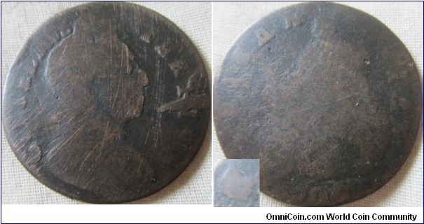 very low grade 1700 halfpenny possible die break on obverse and overletetr on reverse, unbarred As in Britannia