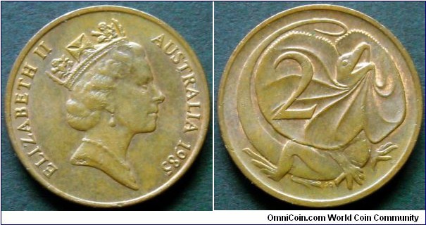 Australia 2 cents.
1985, Bronze.
Weight; 5,2g.
Diameter; 21,6mm.
Mintage: 34.500.000 pieces.