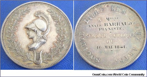 1841 France Societe Libre Des Beaux Arts Medal by Jean Pierre Montagny. Silver: 37MM./22 gms.
Obv: Bust of Minerva to left. Laurel wreath surround with a Harp. Signed MONTAGNY. Rev.:  Awarded details with legend SOCIETE LIBRE DES BEAUX ARTS. SEANCE PUBLIQUE DU 1841.
