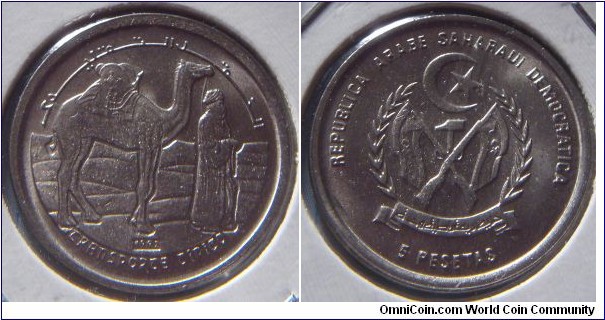 Sahrawi Arab Republic (West Sahara) | 
5 Pesetas, 1992 | 
21.5 mm, 3.95 gr. | 
Copper-nickel | 

Obverse: Camel and Bedouin facing right | 
Lettering: النقل التقليدي TRANSPORTE TÍPICO | 

Reverse: National Coat of Arms, denomination below | 
Lettering: REPUBLICA ARABE SAHARAUI DEMOCRATICA 5 PESETAS |