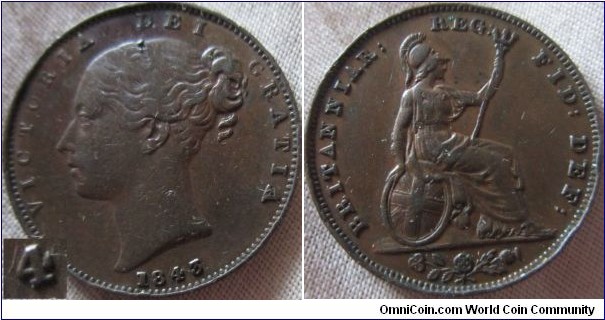 1843 farthing, possible the remains of an old 4 to the left of the 4