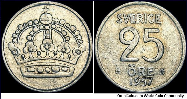 Sweden - 25 Öre - 1957 - King Gustaf VI Adolf (1950-1973) - Weight 2,32 gr - Silver Ag 0,400 - ASW 0,0298 oz - Size 17 mm - Thickness 1,25 mm - Alignment Medal (0°) - Mint TS=Eskilstuna.Sweden - Edge : Smooth - Mintage 12 497 200 - Reference KM# 824 (1952-1961)