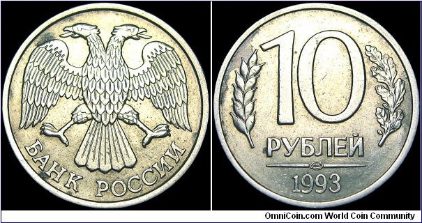 Russia - 10 Roubles - 1993 - Weight 3,5 gr - Copper-Nickel clad steel (magnetic) - Size 21,1 mm - Thickness 1,68 mm - Alignment (0°) - President / Boris Yeltsin (1991-1999) - Mintmark Leningrad Mint - Edge : Smooth - Reference Y# 313a (1992-1993)