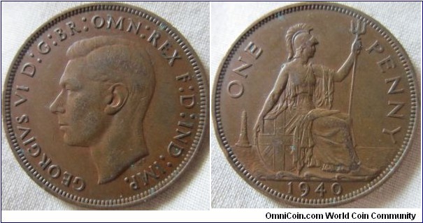 1940 penny in VF grade, single Exergue line