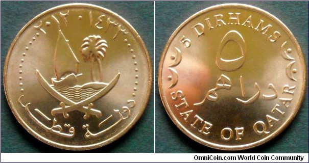 Qatar 5 dirhams.
2012 (AH 1433)
Copper clad steel.