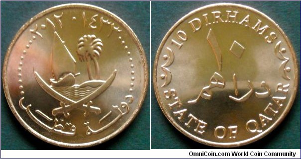 Qatar 10 dirhams.
2012 (AH 1433)
Copper clad steel.      
