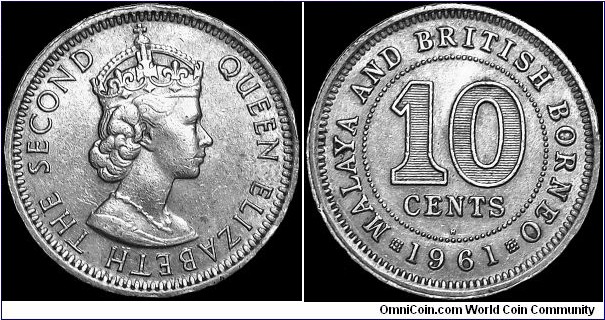 Malaya and British Borneo - 10 Cents - 1961 - Ruler Queen Elisabeth II (1952-1961) - Weight 2,9 gr - Copper-nickel - Size 19,5 mm - Alignment Medal (0°) - Engraver Obverse / Cecil Thomas - Mintmark H=Heaton Mint-Birmingham - Edge : Reeded - Mintage 69 220 000 - Reference KM# 2 (1953-1961) 
