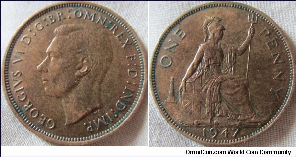 EF grade 1947 penny, odd speckled effect, some green but otherwise nice