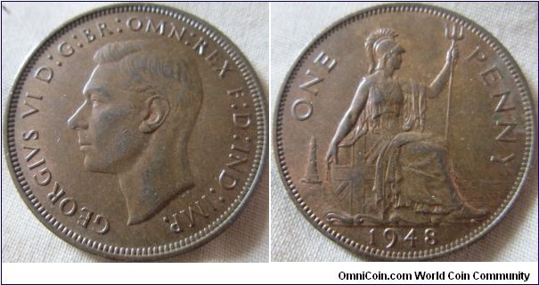 1948 penny, EF, with lustre