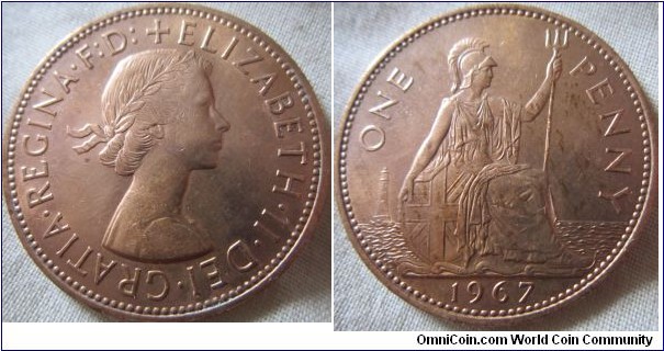1967 penny, EF grade, probably cleaned