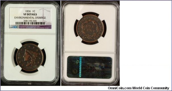 1836 Large Cent - VF details w/environmental damage