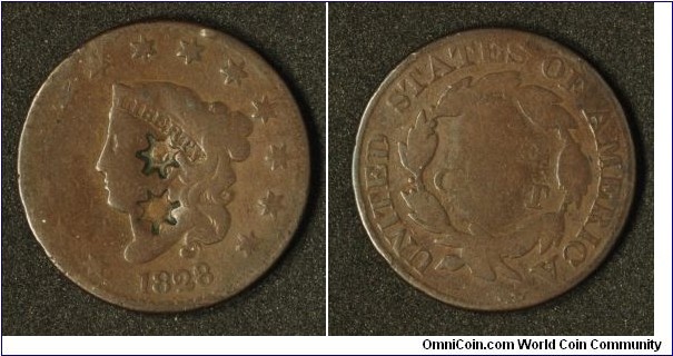 1828 US Large Cent - stamped obv