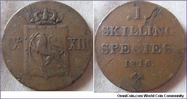 1816 1 Skilling, struck on a flaweed Planchet