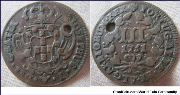 1751 3 réis great details and would be fine but for the hole.