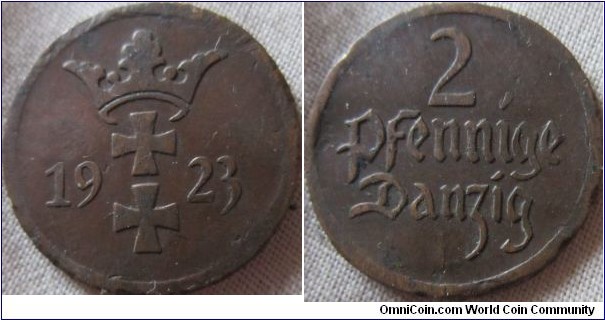 1923 2 Pfennig from Danzig, bit buckled