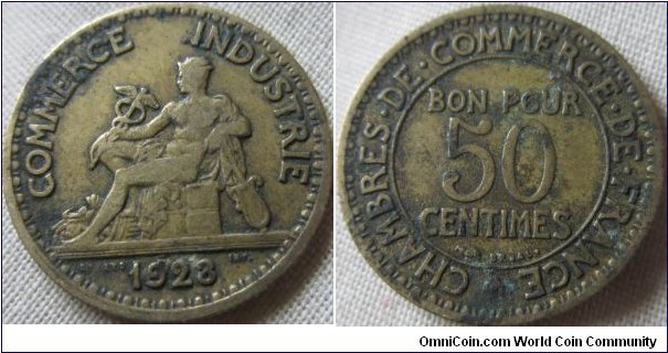 1923 50 centime, fine grade