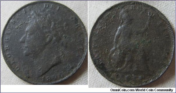 1826 farthing, low grade common 2nd type
