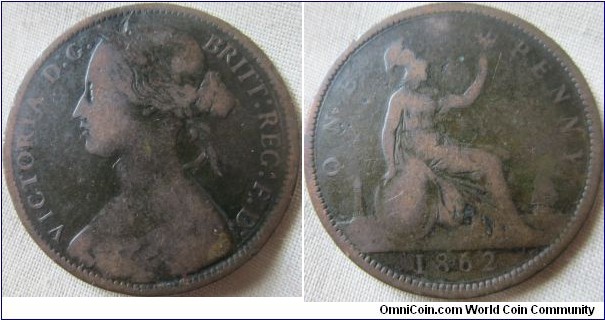 1862 penny, fair grade
