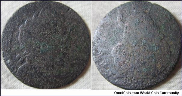 double struck 1694 halfpenny, also struck on a thinner planchet, although very worn