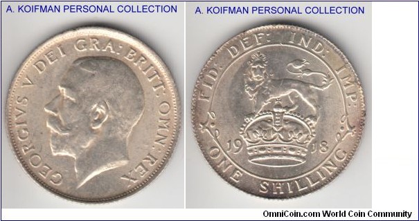 KM-816, 1918 Great Britain shilling; silver, reeded edge; uncirculated or almost, bright white specimen with lots of mint luster.
