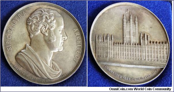 1862 UK Sir Charles Barry Architect Art Union London Medal by L. Wiener. Silver: 60MM.
Obv: Bust of Charles Barry profile right. Legend SIR C.BARRY R.A. ARCHITECT. ART-UNION OF LONDON 1862. Signed LEOPOLD WIENER. Rev: River view of House Parliament from Thames commerced 1837. Legend COMMERCED 1837. INAUGURATED 1847. Signed J. WIENER.1862
