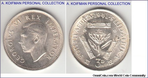 KM-26, 1941 South Africa (Dominion) 3 pence; silver, plain edge; brilliant uncirculated specimen, fully struck from well used dies - die breaks and a piece of an extra metal are quite visible.