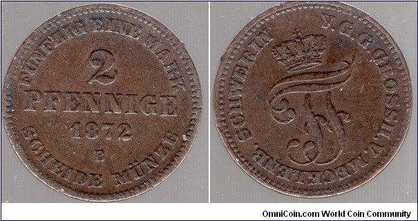 Mecklenburg-Schwerin
2 Pfennig
Monogram of Grand Duke Frederick Francis 1842 – 1883 

Mint Mark B = Hannover