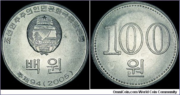 North Korea - 100 Won - 2005 - Weight 2,27 gr - Aluminium - Size 27 mm - Thickness 1,8 mm - Alignment Medal (0°) - Ruler / Kim Jong-il (1994-2011) - Edge : Milled - Reference KM# 427 (2005)