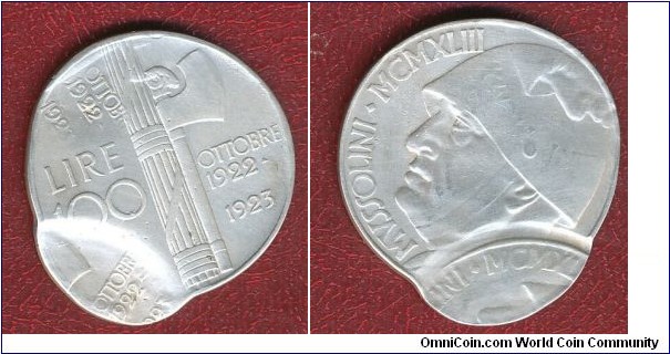 100 Lire unofficial pattern struck during second world war. Triple struck.