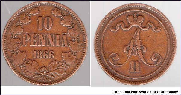 Grand Duchy of Finland 
10 Pennia 
Alexander II