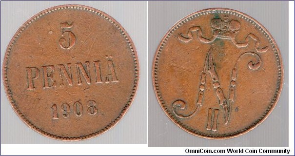 Grand Duchy of Finland 
5 Pennia 
Nicholas II