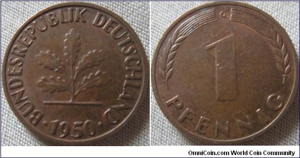 1950 G 1 Pfennig EF grade, some lustre