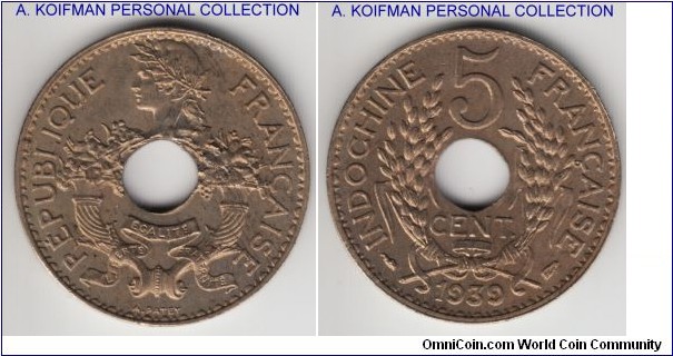 KM-18.1a, 1939 French Indochina 5 centimes, Paris mint; nickel-brass, plain edge; toned uncirculated.