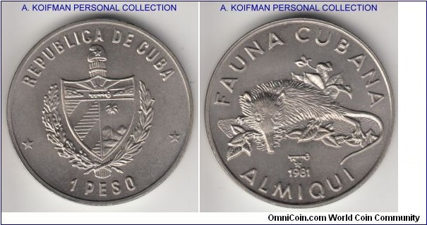 KM-64, 1981 Cuba peso; copper-nickel, plain edge; Cuban fauna - Cuban solendodon, mintage 5,000, uncirculated.