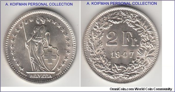 KM-21, 1947 Switzerland 2 francs, Berne mint (B mint mark); silver, reeded edge; nice bright brilliant uncirculated specimen, scarcer year.