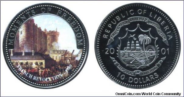 Liberia, 10 dollars, 2001, Cu-Ni, Colored coin, 38.61mm, 28.5g, Moments of Freedom: French revolution - 1789.