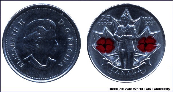 Canada, 25 cents, 2010, Ni-Steel, Colored coin, 23.9mm, 4.4g, 1945-2010, 65th Anniversary of the End of WWII, Queen Elizabeth II.
