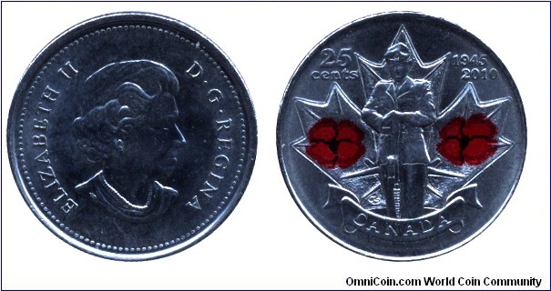 Canada, 25 cents, 2010, Ni-Steel, Colored coin, 23.9mm, 4.4g, 1945-2010, 65th Anniversary of the End of WWII, Queen Elizabeth II.