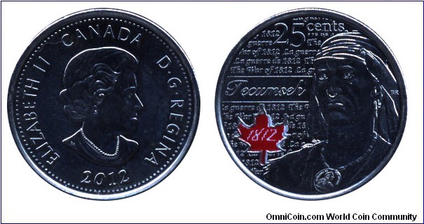Canada, 25 cents, 2012, Ni-Steel, Colored coin, Tecumseh 1812, Queen Elizabeth II.