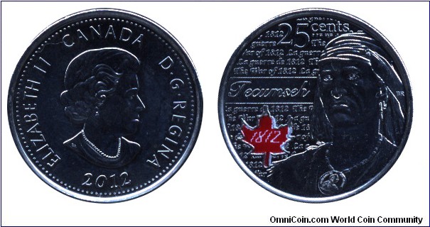 Canada, 25 cents, 2012, Ni-Steel, Colored coin, Tecumseh 1812, Queen Elizabeth II.