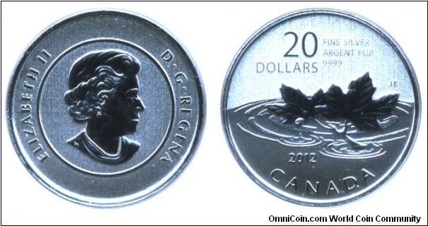 Canada, 20 dollars, 2012, Ag, 27mm, 7.96g, The end of the iconic maple leaf twig desgin, Queen Elizabeth II.