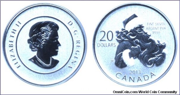 Canada, 20 dollars, 2013, Ag, 27mm, 7.96g, Santa Claus, Queen Elizabeth II.