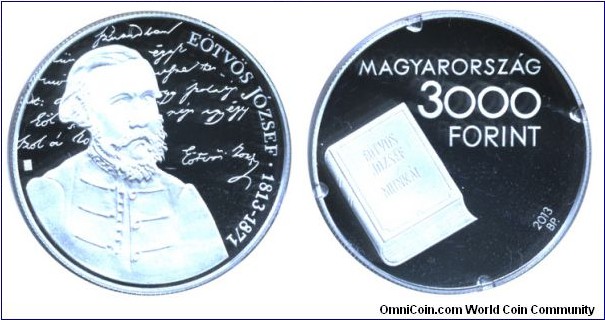 Hungary, 3000 forint, 2013, Ag, 200th Anniversary of the Birth of József Eötvös, Hungarian writer and statesman.