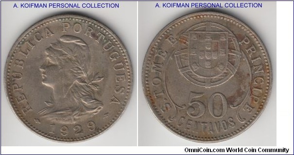 KM-1, 1929 St. Thomas and Principe (Portuguese colony) 50 centavos; nickel-bronze, reeded edge; good very fine or slightly better, nice obverse and usual stains on reverse, but not a lot of wear.