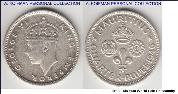 KM-18a, 1946 mauritius 1/4 Rupee; silver, reeded edge; very fine, cleaned.