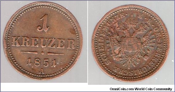 1 Kreuzer 
Mint Mark A = Vienna