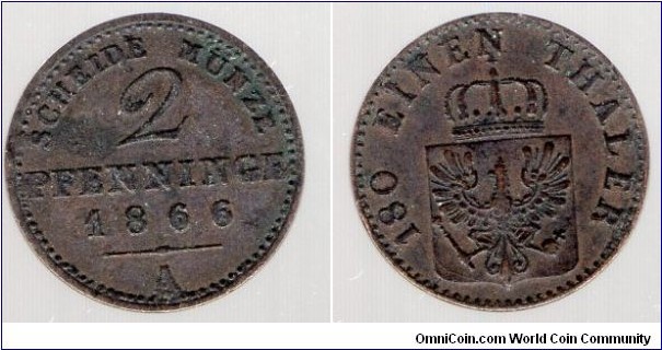 Prussia 
2 Pfennig 
180th of a Thaler Mint Mark A = Berlin