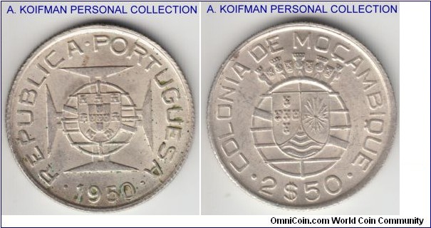 KM-68, 1950 Portuguese Mozambique (Colony) 2.5 escudo; silver, reeded edge; original average uncirculated, few dirty spots.
