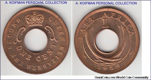 KM-35, 1959 East Africa cent, Kings Norton mint (KN mint mark); bronze, plain edge; bright glowing proof like coin, red beauty with peripheral toning.