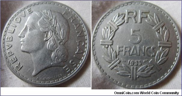 1933 5 franc, VF grade